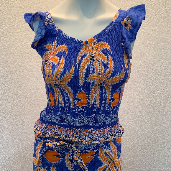 Cute shirred rayon top and groovy wrap pants set blue orange white one size - Picture 2 of 10